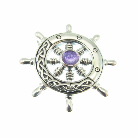 Solid 925 Sterling Silver Celtic Ship Wheel Helm Nautical Pendant w/ Gemstone - Picture 10 of 13